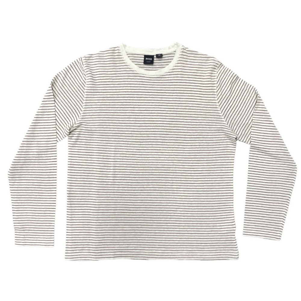 Hugo Boss Slim Fit Striped Linen Blend Sweater White Brown Men’s L